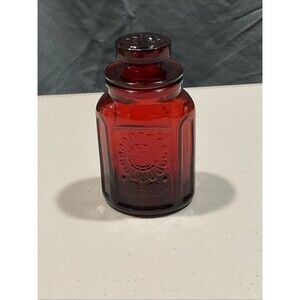Vintage Wheaton NJ Glass Co. Ruby Red Glass Jar Pressed Flower Design